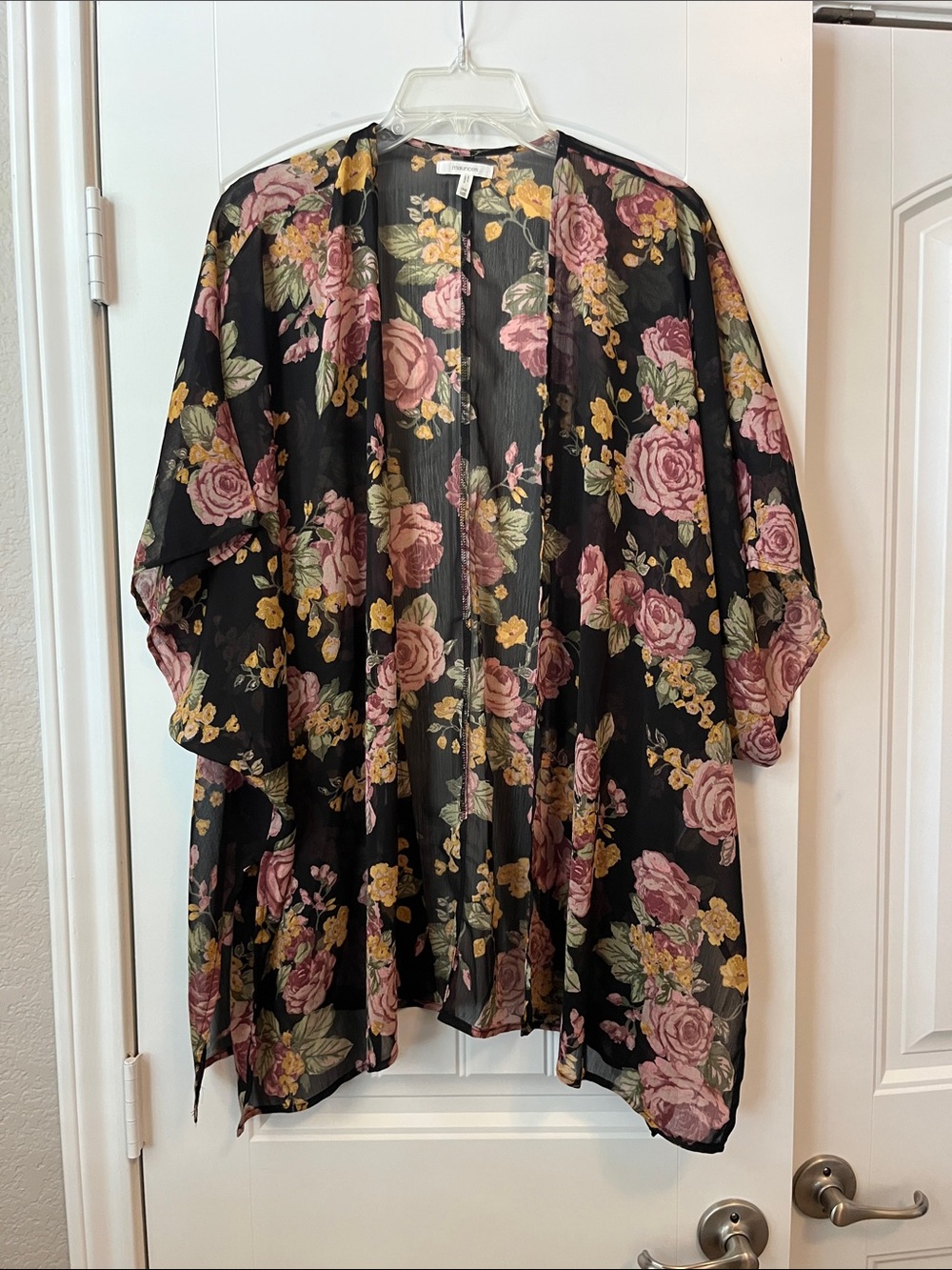 Maurices Black Sheer Floral Kimono with Pink & Mustard Flowers
